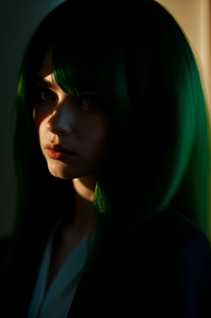 Instagram Photos, French woman, 21 years old, Long Hair,Green Hair, Close-up portrait, Jacket,shirt, Neckline, pale, Sharp Shadow