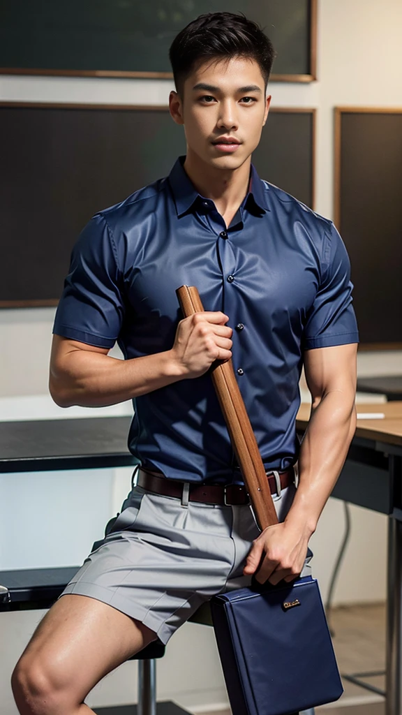 Masterpiece, best quality, High quality, วอลล์เปเปอร์ CG unity 8k ที่มีvery detailed, depth of field, HDR,,photorealistic,very detailed, 1 man sitting on a chair, Asia, black short hair, , (Thai , white shirt), dark Blue cargo shorts, chest muscles, Big arm muscles, blood vessel, big muscles, Broad shoulders, looking at the audience, Balancing the eyes, (Make eye contact) (In a modern classroom:1.3)