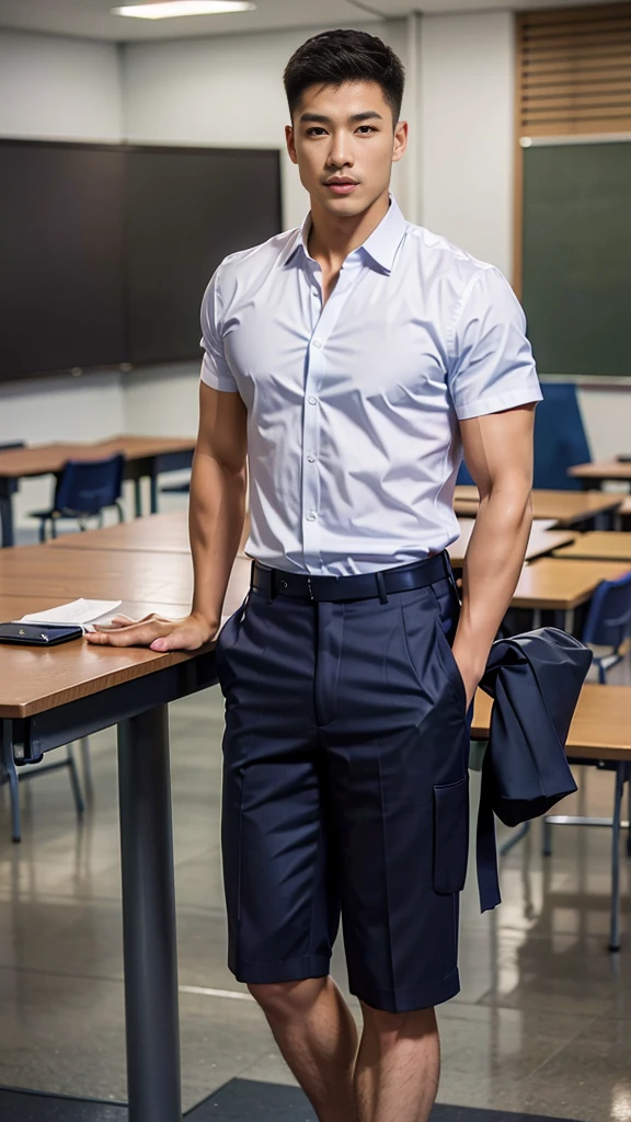 Masterpiece, best quality, High quality, วอลล์เปเปอร์ CG unity 8k ที่มีvery detailed, depth of field, HDR,,photorealistic,very detailed, 1 man sitting on a chair, Asia, black short hair, , (Thai , white shirt), dark Blue cargo shorts, chest muscles, Big arm muscles, blood vessel, big muscles, Broad shoulders, looking at the audience, Balancing the eyes, (Make eye contact) (In a modern classroom:1.3)