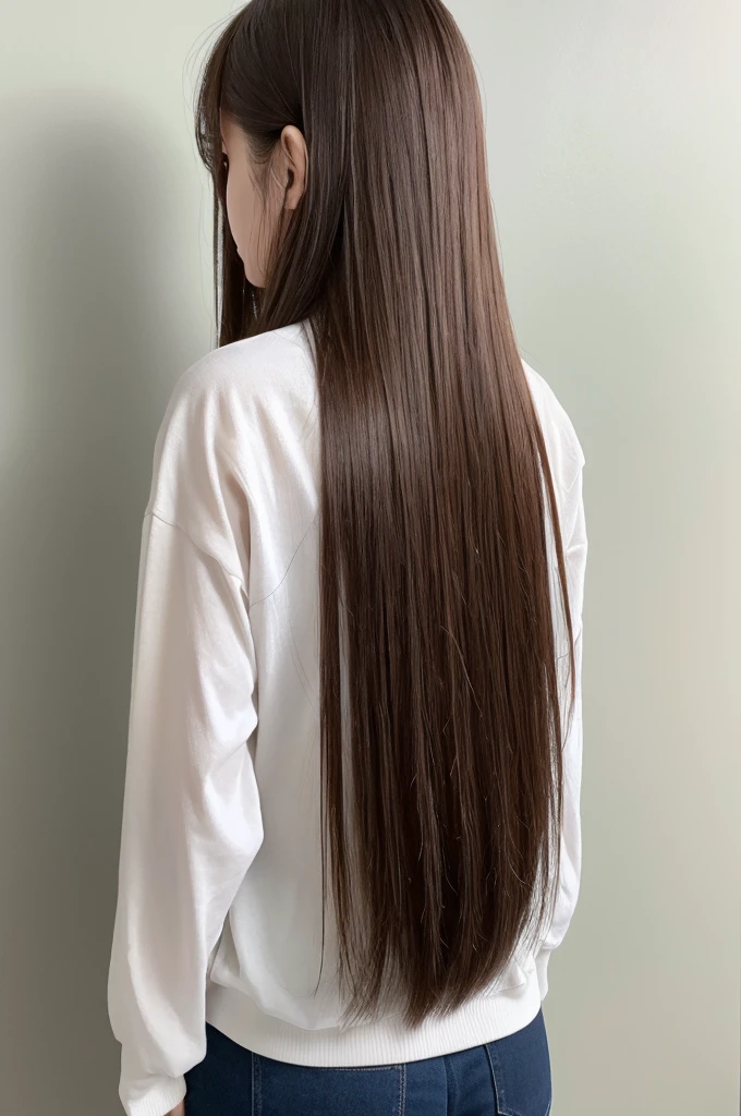 highest quality、High resolution、quiet、Silence、woman、one person、long hair、Straight Hair、Brown Hair、Shiny hair、Long sleeve、White wall、Backwards、Back view、No camera look、₍ Buckshot 1.5₎