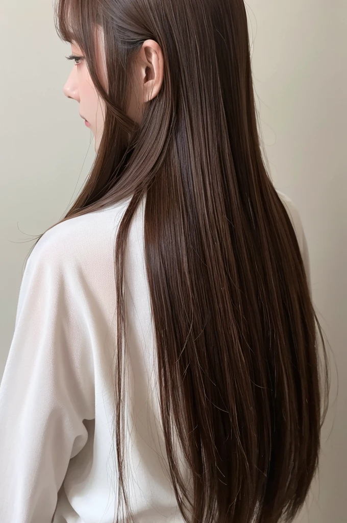 highest quality、High resolution、quiet、Silence、woman、one person、long hair、Straight Hair、Brown Hair、Shiny hair、Long sleeve、White wall、Backwards、Back view、No camera look、₍ Buckshot 1.5₎