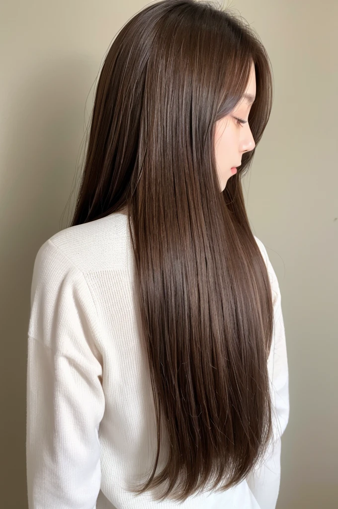 highest quality、High resolution、quiet、Silence、woman、one person、long hair、Straight Hair、Brown Hair、Shiny hair、Long sleeve、White wall、Backwards、Back view、No camera look、₍ Buckshot 1.5₎