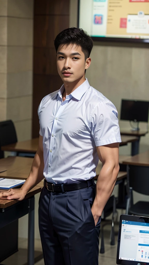 Masterpiece, best quality, High quality, วอลล์เปเปอร์ CG unity 8k ที่มีvery detailed, depth of field, HDR,,photorealistic,very detailed, 1 man sitting on a chair, Asia, black short hair, , (Thai , white shirt), dark Blue cargo shorts, chest muscles, Big arm muscles, blood vessel, big muscles, Broad shoulders, looking at the audience, Balancing the eyes, (Make eye contact) (In a modern classroom:1.3)