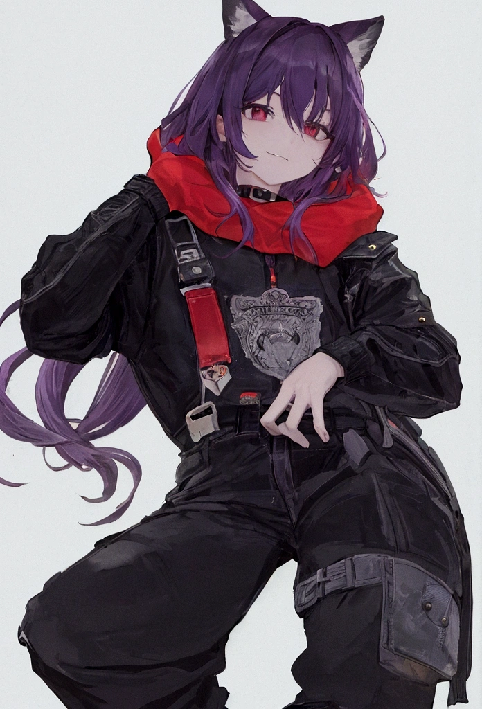 purple hair is cubic and fashionable in five points, y toma la apariencia siniestra de un juego de mordazas, el flequillo de su cabello tiene 2 puntas. Has pale skin, tiene una sonrisa algo tranquila y despreocupada. Usa una sudadera color azul oscuro sin estampar, manga larga holgado, una capucha. Black denim pants and black and white sports sneakers. He carries with him a pair of red gloves with symbols of a circle and a triangle in the center., puestos en sus manos. Un fondo de una ciudad algo oscura, gloomy dirty and gothic a completely cloudy sky. He carries on his shoulder a small creature the size of a five-year-old ., de un pelaje rojo con cuernos y orejas de un venado, mientras lleva un par de alas en su espalda, con los ojos completamente de color rosa fucsia