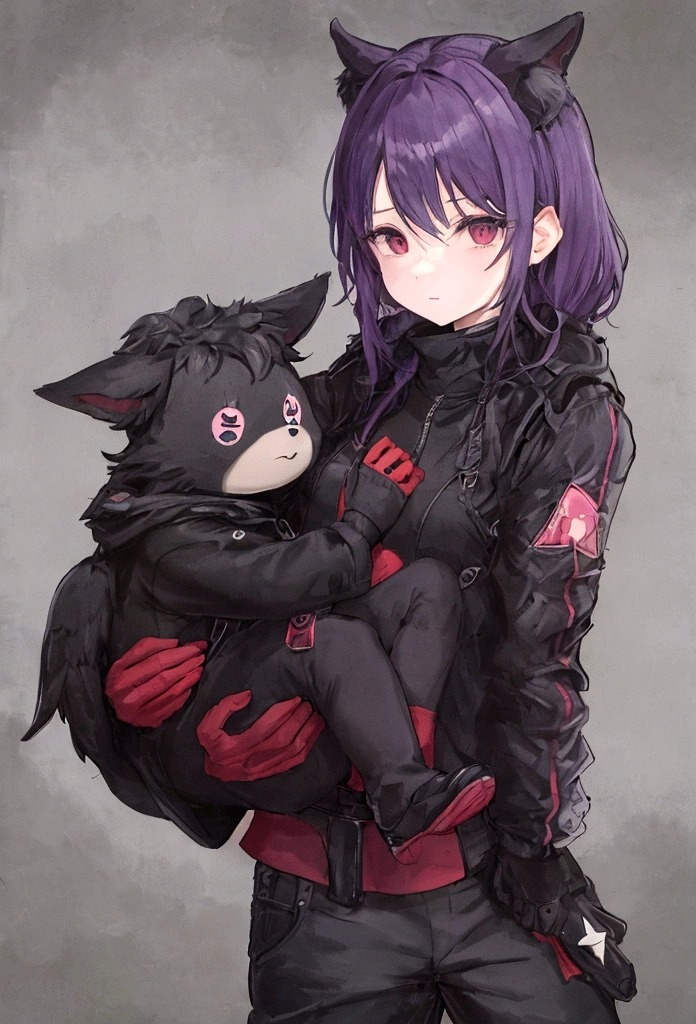 purple hair is cubic and fashionable in five points, y toma la apariencia siniestra de un juego de mordazas, el flequillo de su cabello tiene 2 puntas. Has pale skin, tiene una sonrisa algo tranquila y despreocupada. Usa una sudadera color azul oscuro sin estampar, manga larga holgado, una capucha. Black denim pants and black and white sports sneakers. He carries with him a pair of red gloves with symbols of a circle and a triangle in the center., puestos en sus manos. Un fondo de una ciudad algo oscura, gloomy dirty and gothic a completely cloudy sky. He carries on his shoulder a small creature the size of a five-year-old ., de un pelaje rojo con cuernos y orejas de un venado, mientras lleva un par de alas en su espalda, con los ojos completamente de color rosa fucsia