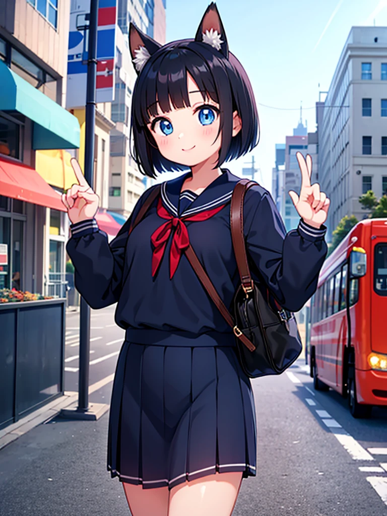 Short black hair Adult female Dog Ears Dark blue colored eyes A student wearing a navy blue sailor uniform with a red ribbon In the city smile