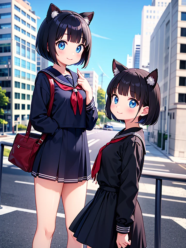 Short black hair Adult female　Dog Ears　Dark blue colored eyes　A student wearing a navy blue sailor uniform with a red ribbon　In the city　smile