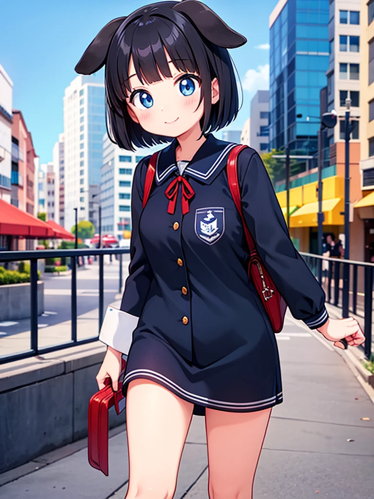 Short black hair Adult female　Dog Ears　Dark blue colored eyes　A student wearing a navy blue sailor uniform with a red ribbon　In the city　smile