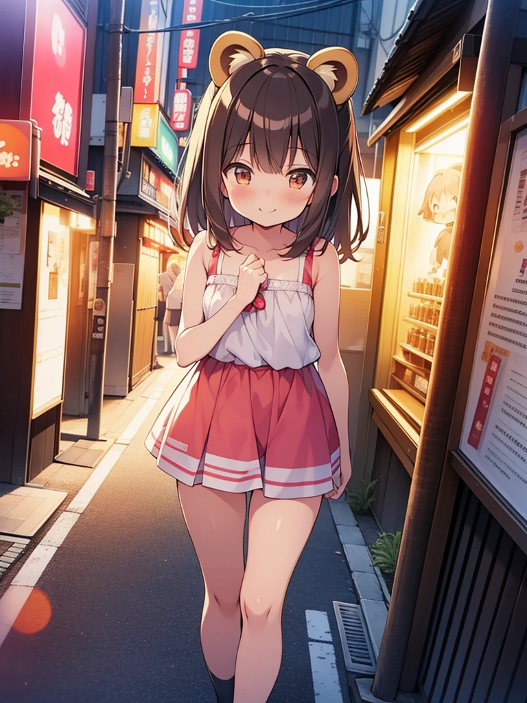 tanuki girl, tanuki, kawaii, on a streets of tokyo, sunset, sunbeams, magical lighting, akihabara, in cute short dress, undies visible, panties visible, smiling, blushing, shy pose, kawaii outfit, beautiful hair, looking away