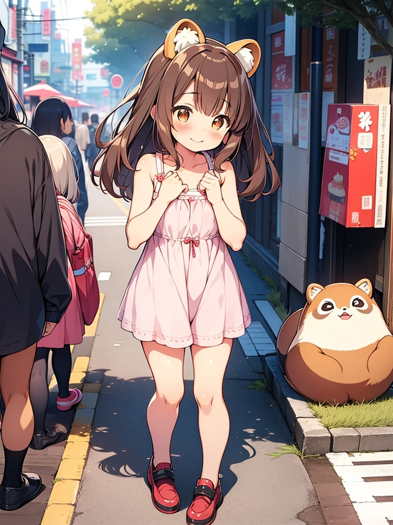 tanuki girl, loli tanuki, kawaii, on a streets of tokyo, sunset, sunbeams, magical lighting, akihabara, in cute short dress, undies visible, panties visible, smiling, blushing, shy pose, kawaii outfit, beautiful hair, looking away