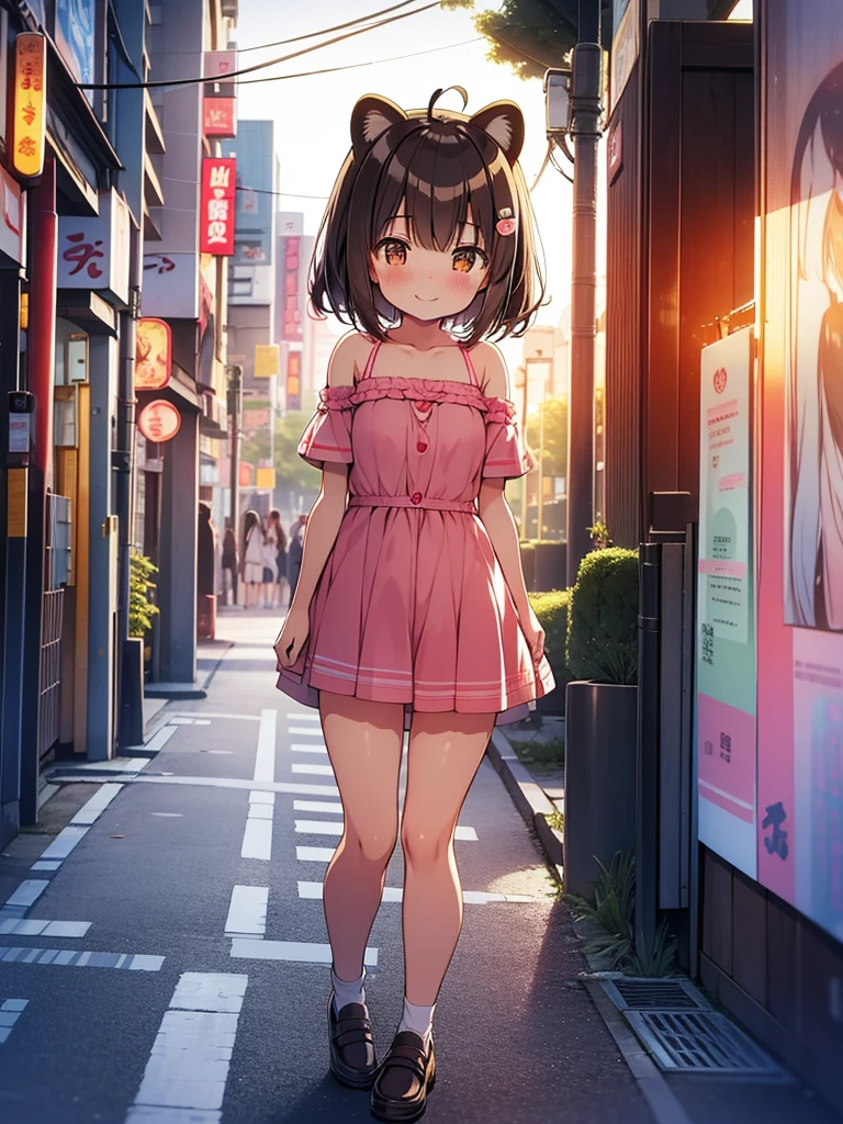 tanuki girl, loli tanuki, kawaii, on a streets of tokyo, sunset, sunbeams, magical lighting, akihabara, in cute short dress, undies visible, panties visible, smiling, blushing, shy pose, kawaii outfit, beautiful hair, looking away