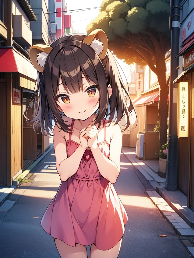 tanuki girl, loli tanuki, kawaii, on a streets of tokyo, sunset, sunbeams, magical lighting, akihabara, in cute short dress, undies visible, panties visible, smiling, blushing, shy pose, kawaii outfit, beautiful hair, looking away