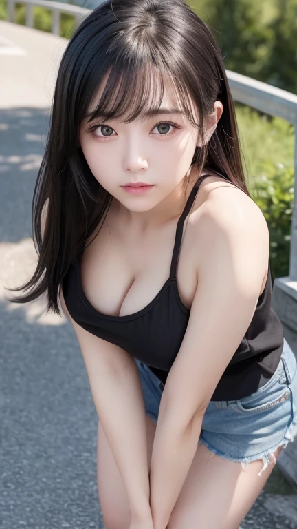 ((highest quality)), ((masterpiece)), (detailed), 8K,Realistic、High definition、high resolution、Real、((Five Girls))、c cup breasts、Japanese、Outdoor、blue sky、Are standing、smile、A good friend、Young face、21 years old、Heavy makeup、Very black hair、Straight long hairstyle、Shiny Hair、Glowing Skin、Dark green tank top、Black leather shorts、Looking up、Bending over and peering in、Strong contrast、Big Eyes、Showing his forehead