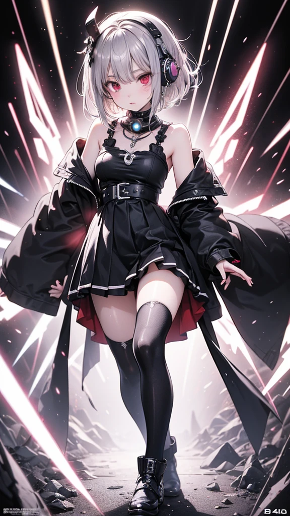 4k anime wallpaper, 4k anime wallpaper, Anime Art Wallpapers 8K, 4K Anime Style, anime art wallpaper 4k, anime art wallpaper 4k, 4k anime wallpaper, Eugeo Art, Detailed digital anime art, ((masterpiece, highest quality)), (Complex Light), Perfect hands, Perfect Eyes、Perfect legs、Hyper Detail, Bright colors, beautiful girl、cyber punk、Silver short hair, Pause, headphone, Red eyes, Tempting, Half coat on, Off the shoulder、Knee-high、boots, colorful, neon、Wet、Japanese anime style.