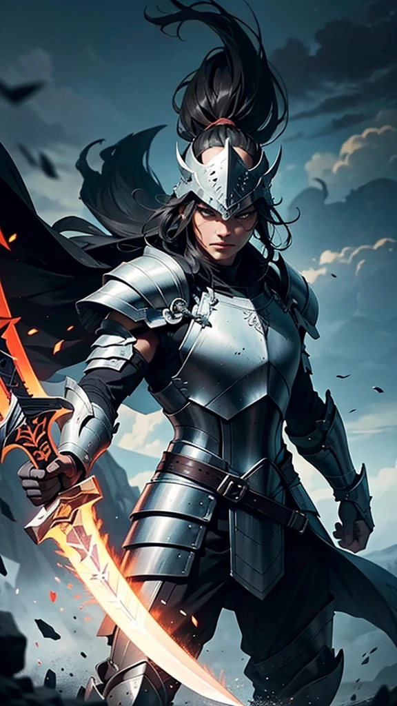 Generate an image of a fierce warrior in full armor, including a helmet, wielding a big sword in his hand. The warrior's armor should be predominantly white, with a large, black circle symbol prominently displayed on his chest. The image should be highly detailed, capturing the intricacies of the armor, the texture of the materials, and the sharpness of the sword. The warrior's stance should exude strength and readiness for battle. The background can be a battlefield, a stormy sky, or another dramatic setting that enhances the warrior's imposing presence. Ensure the lighting and shading highlight the reflective surfaces of the white armor and the menacing glow of the black circle symbol. Pay attention to the warrior's pose, making it dynamic and powerful. The overall image should be visually striking and immersive, conveying the might and determination of the fierce warrior