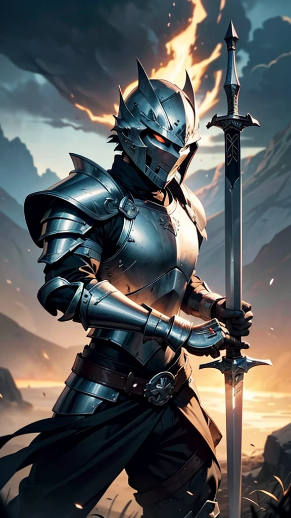 Generate an image of a fierce warrior in full armor, including a helmet, wielding a big sword in his hand. The warrior's armor should be predominantly white, with a large, black circle symbol prominently displayed on his chest. The image should be highly detailed, capturing the intricacies of the armor, the texture of the materials, and the sharpness of the sword. The warrior's stance should exude strength and readiness for battle. The background can be a battlefield, a stormy sky, or another dramatic setting that enhances the warrior's imposing presence. Ensure the lighting and shading highlight the reflective surfaces of the white armor and the menacing glow of the black circle symbol. Pay attention to the warrior's pose, making it dynamic and powerful. The overall image should be visually striking and immersive, conveying the might and determination of the fierce warrior