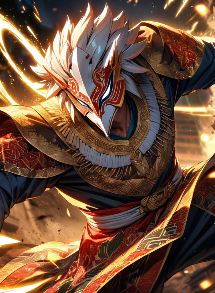 ,absurdres, highres, ultra detailed, HDR, masterpiece, extremely detailed face and eyes,Indonesian Super Hero costume,,red and white Garuda costume, Garuda eagle mask, , Indonesia batik pattern , solo, man, handsome, ,, , Epic fight scene, golden splashing effect, golden effect,glowing glitters