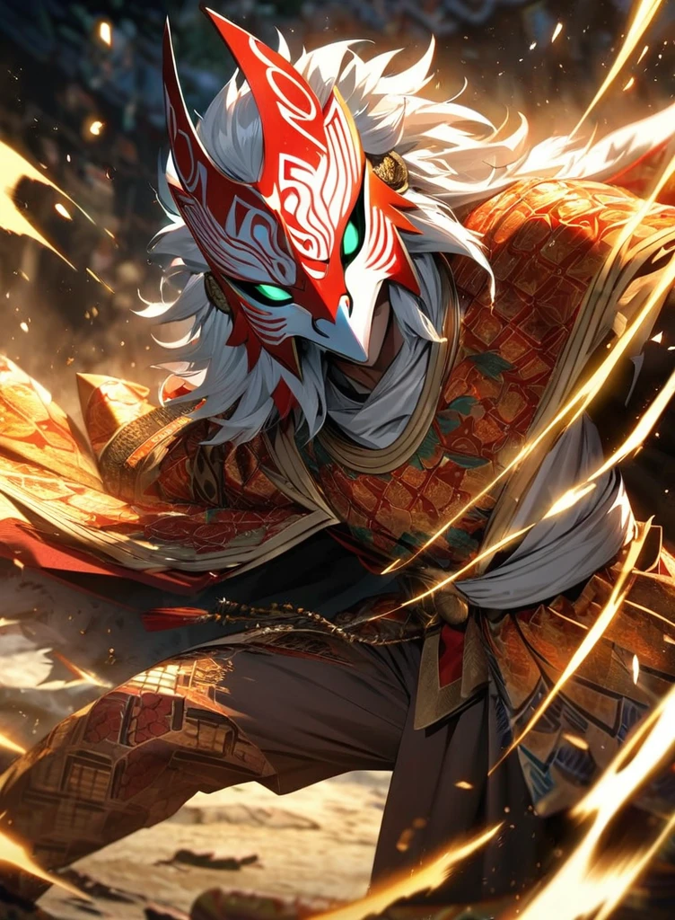 ,absurdres, highres, ultra detailed, HDR, masterpiece, extremely detailed face and eyes,Indonesian Super Hero costume,,red and white Garuda costume, Garuda eagle mask, , Indonesia batik pattern , solo, man, handsome, ,, , Epic fight scene, golden splashing effect, golden effect,glowing glitters