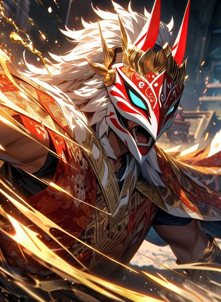 ,absurdres, highres, ultra detailed, HDR, masterpiece, extremely detailed face and eyes,Indonesian Super Hero costume,,red and white Garuda costume, Garuda eagle mask, , Indonesia batik pattern , solo, man, handsome, ,, , Epic fight scene, golden splashing effect, golden effect,glowing glitters