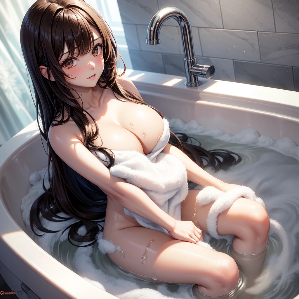 / Brown eyes, long dark hair, / big tits / naked / bubble bath