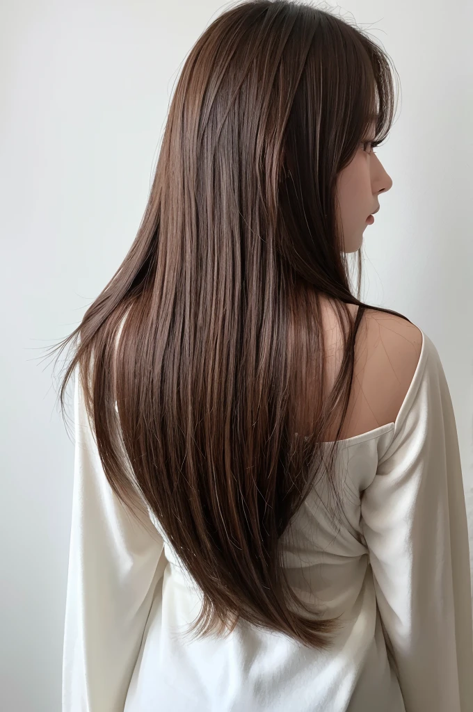 highest quality、High resolution、quiet、Silence、woman、one person、long hair、Straight Hair、Brown Hair、Shiny hair、Long sleeve、White wall、Backwards、Back view、No camera look、₍ Buckshot 1.5₎