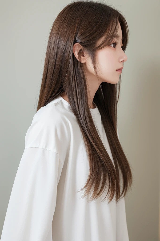 highest quality、High resolution、quiet、Silence、woman、one person、long hair、Straight Hair、Brown Hair、Shiny hair、Long sleeve、White wall、Backwards、Back view、No camera look、₍ Buckshot 1.5₎