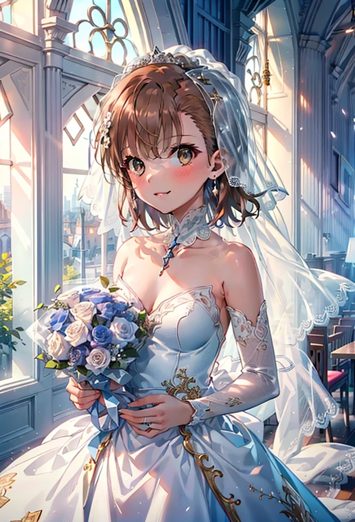 8k,highest quality,masterpiece,(((Pixel Perfect, Perfect in every detail))), alone, 1 girl, ,Mycotrose, Brown eyes,Brown Hair,short hair,Open your mouth,smile,blush,Flower Hair Ornaments,Veil,Wedding dress,Wedding Skirts,Holding a large bouquet in both hands,Flower Storm, break indoors, Chapel,Association, break looking at viewer, whole body,(Cowboy Shot:1. 5) , break (masterpiece:1.2), highest quality, High resolution, unity 8k wallpaper, (shape:0.8), (Beautiful details:1.6), Highly detailed face, Perfect lightでg, Highly detailed CG, (Perfect hands, Perfect Anatomy),