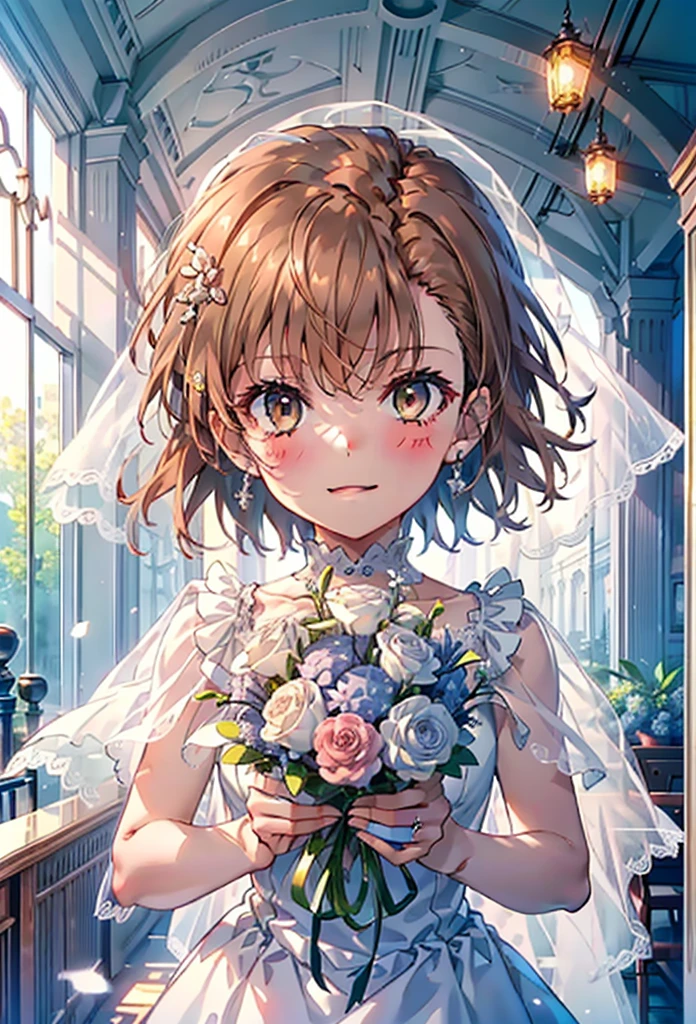 8k,highest quality,masterpiece,(((Pixel Perfect, Perfect in every detail))), alone, 1 girl, ,Mycotrose, Brown eyes,Brown Hair,short hair,Open your mouth,smile,blush,Flower Hair Ornaments,Veil,Wedding dress,Wedding Skirts,Holding a large bouquet in both hands,Flower Storm, break indoors, Chapel,Association, break looking at viewer, whole body,(Cowboy Shot:1. 5) , break (masterpiece:1.2), highest quality, High resolution, unity 8k wallpaper, (shape:0.8), (Beautiful details:1.6), Highly detailed face, Perfect lightでg, Highly detailed CG, (Perfect hands, Perfect Anatomy),