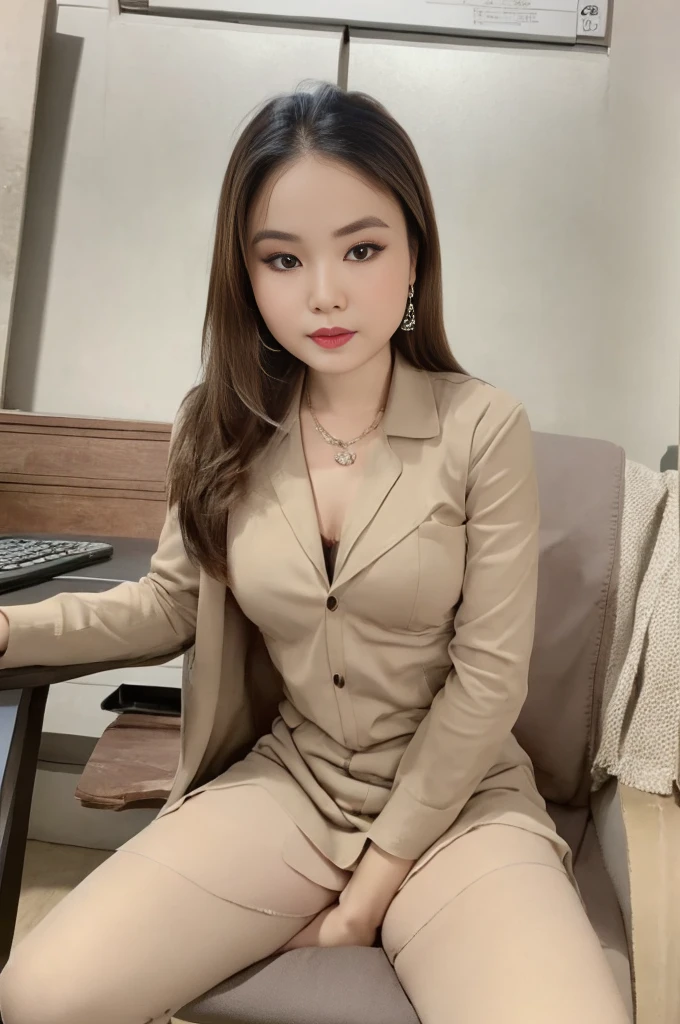 A beautiful young woman in her 20s, with a refined and detailed face, slim figure, and smaller bust, wearing an office lady uniform with beige stockings, sitting in an outdoor scene with a brown long hair, (best quality,4k,8k,highres,masterpiece:1.2),ultra-detailed,(realistic,photorealistic,photo-realistic:1.37),office lady,office wear,sitting pose,beautiful detailed eyes,beautiful detailed lips,extremely detailed eyes and face,longeyelashes,1girl,slender,small bust,beige stockings,brown hair,outdoor scene