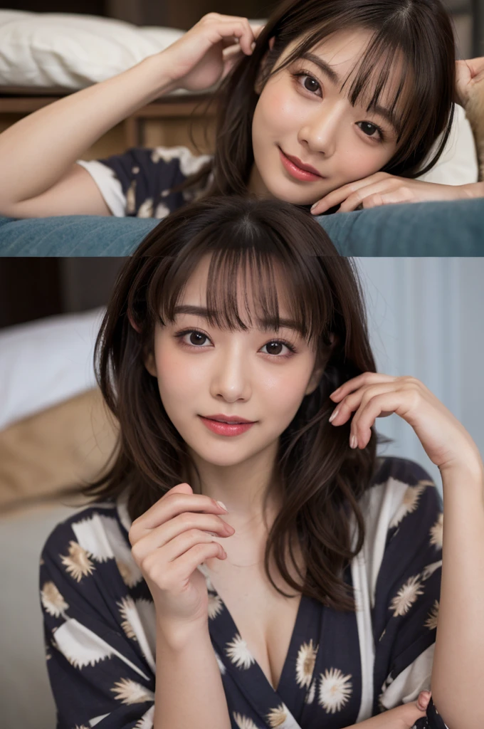 highest quality masterpiece 8K Ultra-detailed Face Brown Hair Full body photo Cute pose Sexy Photos Focus on the face Professional Lighting Vivid Photos Happy expression Sulky look Ecstatic expression Sex appeal Glossのある濡れたカラスの毛 Gloss Cute and sly Droopy eyes Absurd Heavy bangs A wide variety of skin tones hostel yukata Unbuttoned Sleeping in a pile Spread your legs