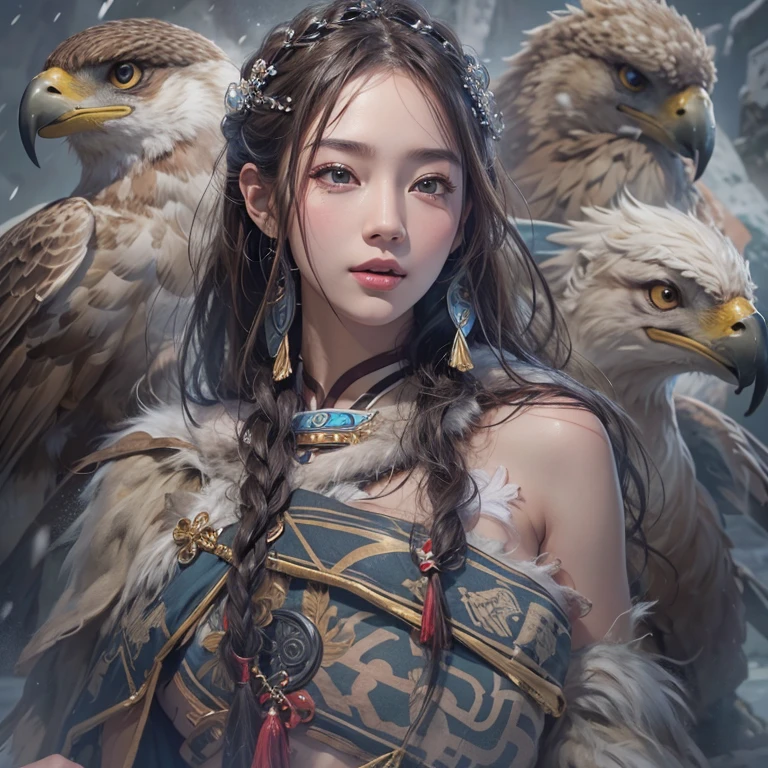 Hiding in the snowy mountains、Hair flow、 ((highest quality、masterpiece、8k、Best image quality、Ultra-high resolution、Award-winning works)、(Accurate anatomy:1.1)、(Look at me and smile:1.1)、Shining fair skin with Ultra-high resolution、The most detailed face、Ultra-high resolution detailed face、Ultra-high resolutionの髪の毛、(Ultra-high resolutionの煌めく瞳:1.1)、Beautiful face drawn in every detail、(Blurred Background:1.1)、Ancient Inuit clothing, Chest to chest, tattoo, Old ruins in the background、Apart from the real giant eagle