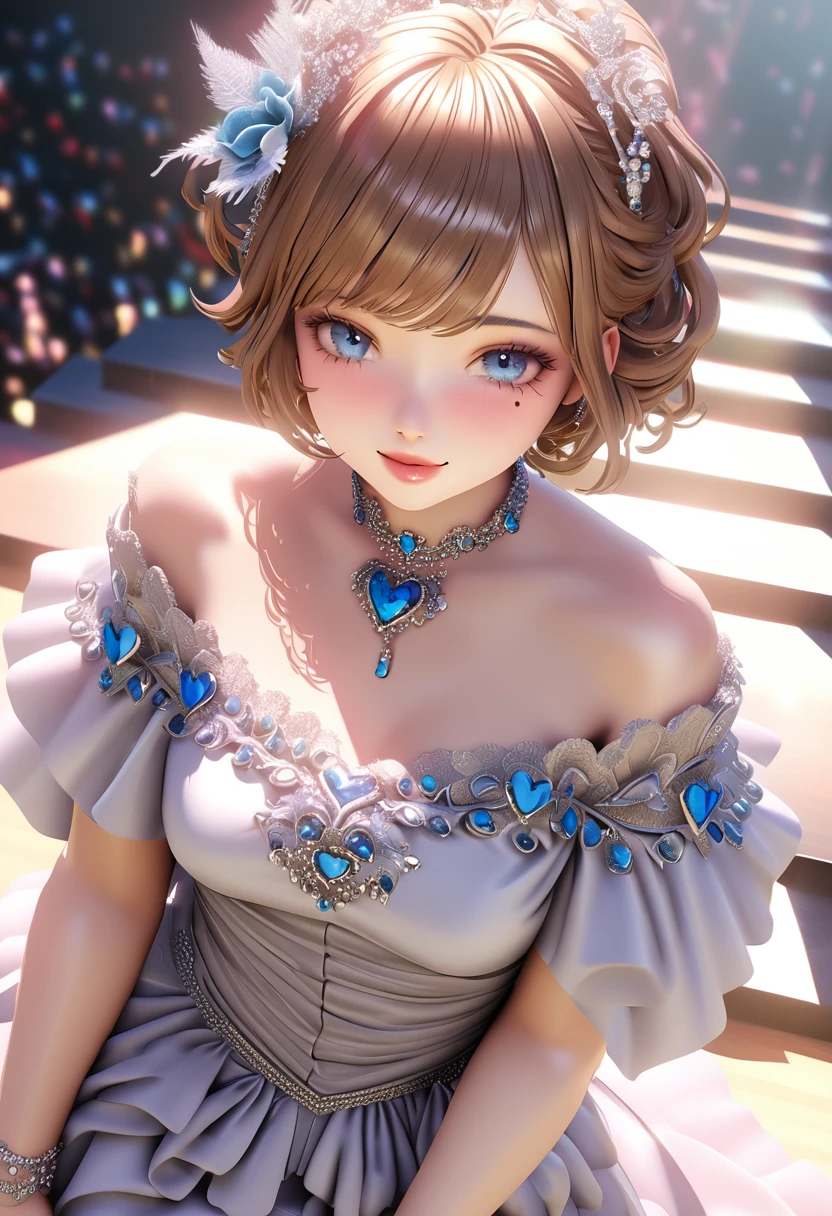 One girl, looking at the audience,
beautiful blue eyes, brown short hair, mole under eye, plump glossy lips, heart shaped choker, idol, smiling, . . . . 3D, realistic,
princess dress with too many frills, draped clothes, jewels, embellishments stripped away, floral patterns, lace trim, bright stage,
masterpiece, best quality, 8k, detailed skin texture, detailed fabric texture, beautifully detailed face, intricate details, highly detailed,
ultra high resolution, 8K Ultra HD, film grain, best shadows, delicate, looking at the audience, front