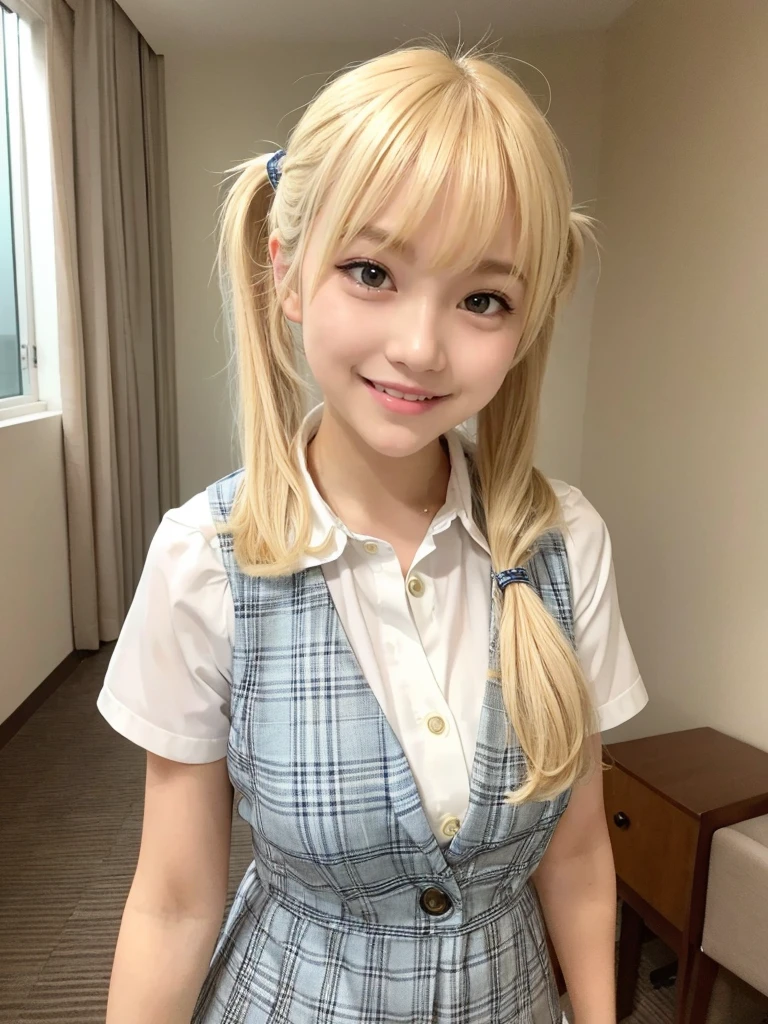 posing for camera, blonde hair, bangs, pigtails, preppy outfit, hotel room, smiling 