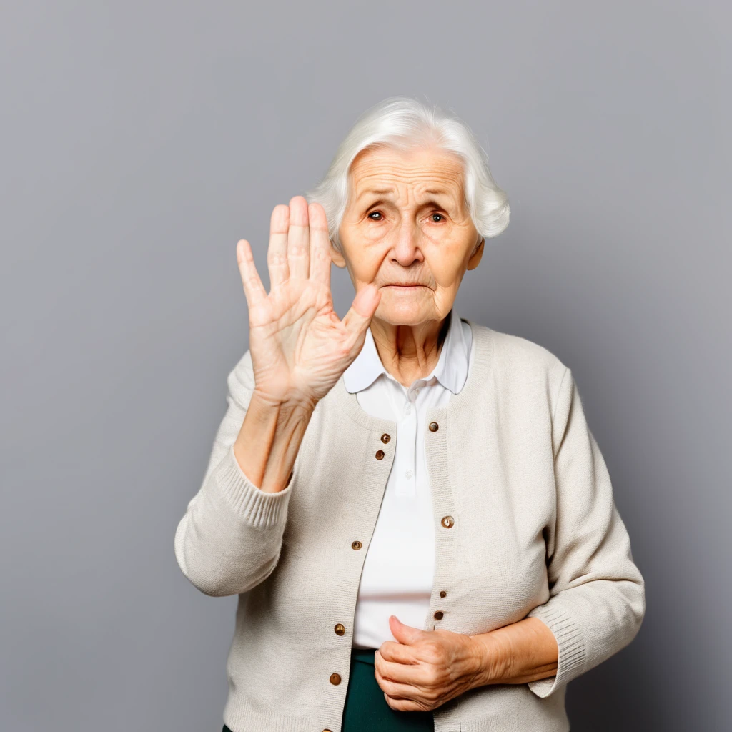 elderly woman with a sad face in simple clothes making a sign with her hand to stop