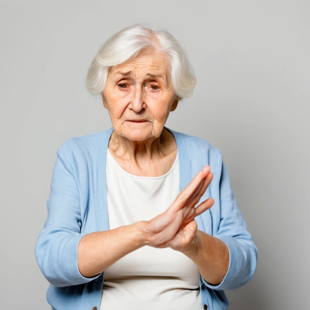 elderly woman with a sad face in simple clothes making a sign with her hand to stop