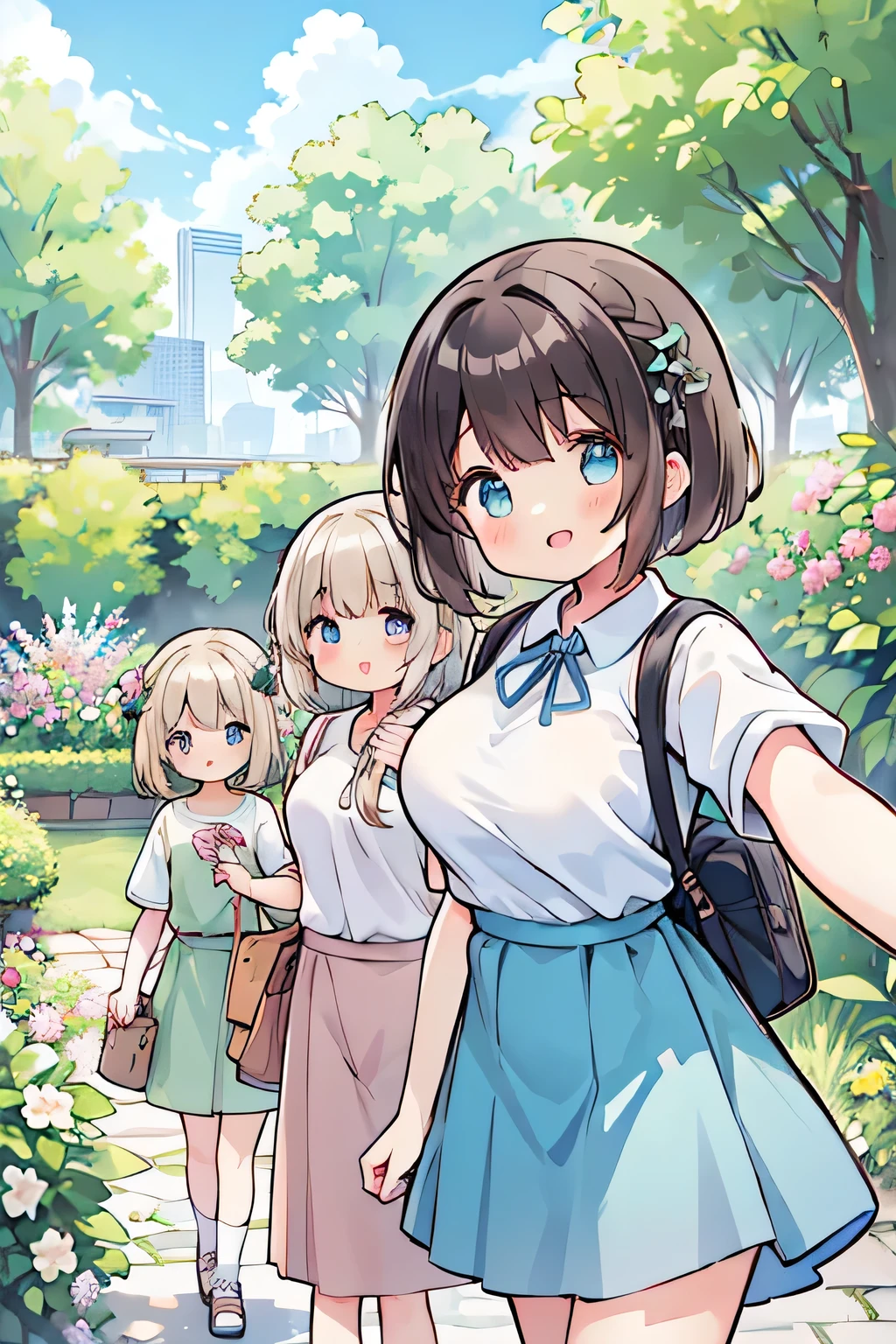 highest quality、High resolution、Detailed Background、(Beautiful face in every detail:1.4)、Anatomically correct、(Detailed facial expressions)、(Detailed eyes:1.2)、Teenage beauty、(Highly detailed face:1.4)、(Detailed eyes:1.2)、(Huge breasts:1.2)、cute hair color、Braided bob cut、Braided Ponytail、cute hairstyle、well-groomed eyebrows、Smiling、A fun atmosphere、Cute gestures、Cowboy Shot、
(Three beautiful girls taking a selfie with big smiles:1.5)、

Beautiful natural scenery such as lush parks, blue skies and white clouds make a great background.、
The silhouettes of skyscrapers and modern architecture create a sophisticated atmosphere.、The illuminated buildings at dusk are particularly impressive.、Bright flowers々The lush greenery adds a touch of natural color.、Flowers in a vase, garden views, etc.、
Colorful graffiti and artwork on the walls create an artistic atmosphere.、

T-shirts and polo shirts、Long sleeve cut and sew、Shorts、Flared skirts and culottes are cute.、
sneakers、Sandals、Backpack、Sacoche、Caps and bucket hats are cute、cute