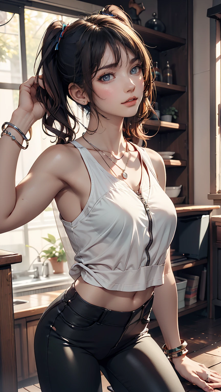 Twin tails, Silver Hair,Wear high-neck zipper-up tops, Pause, cute, Look up, high quality, necklace, ring, bracelet, Earrings、Wear low rise leggings、Wear stiletto heels、