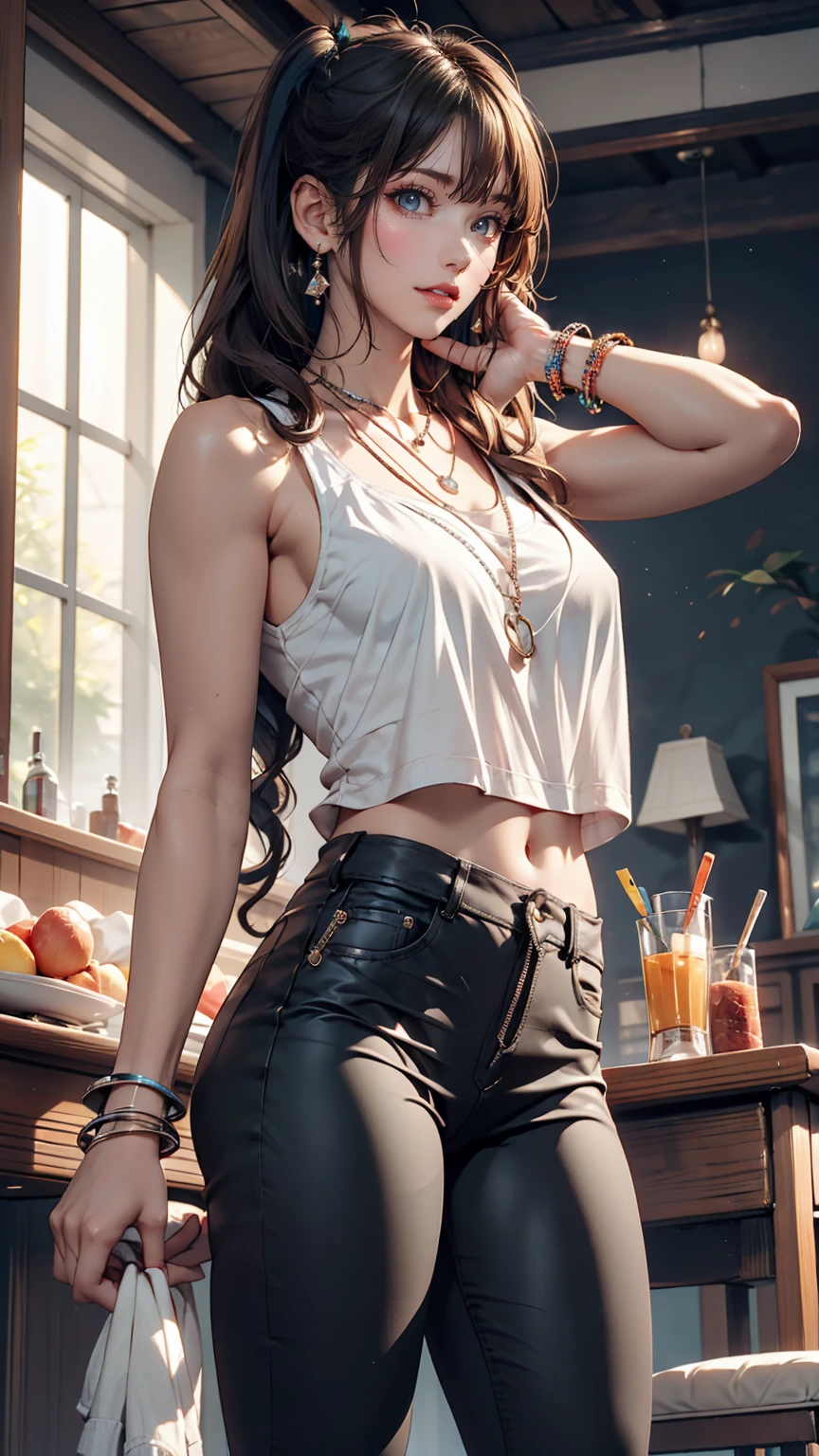 Twin tails, Silver Hair,Wear high-neck zipper-up tops, Pause, cute, Look up, high quality, necklace, ring, bracelet, Earrings、Wear low rise leggings、Wear stiletto heels、