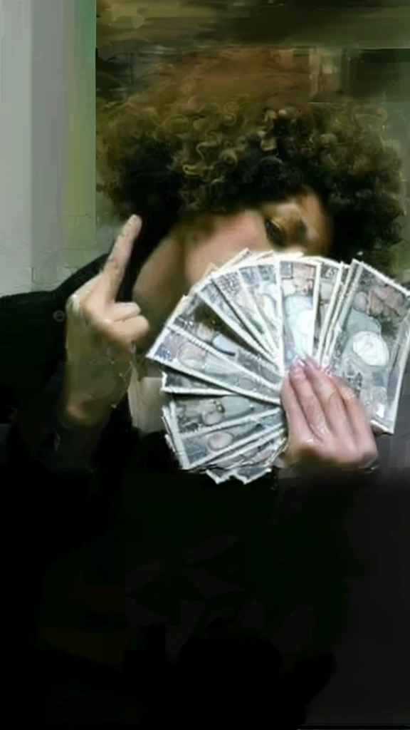 (best quality,4k,8k,highres,masterpiece:1.2),ultra-detailed,realistic,photorealistic:1.37, portrait, money fan covering her face, middle finger, curly afro
