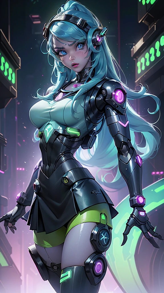 (best quality), high resolution, Ultra-detailed, current), Ariana Grande cyberpunk, big glutes, (Electronic visor attached to the face of a 12-year-old girl:1.4), with emphasis on the buttocks, Red latex body, cyberpunk mode, sexy pose, (Wear yellow leggings on the lower body, Breast enlargement, Neon lights in the dark city at night, Unreal engine:1.4, hd, Best quality:1.4, photorealistic:1.4, skin texture:1.4, Masterpiece:1.8, Masterpiece, Best quality, (Beautiful blue eyes),(neon yellow cyborg:1.4), (perfect anatomy), (fingers detailed :1.4 ), white cyborg latex bodysuit, (cyberpunk 2.1), (long blue hair:1.4), (schoolgirl green cyborg miniskirt:1.4), (kawaii cyborg:1.4), (chemist laboratory background carnivorous plants:1.4), (perfect anatomy)