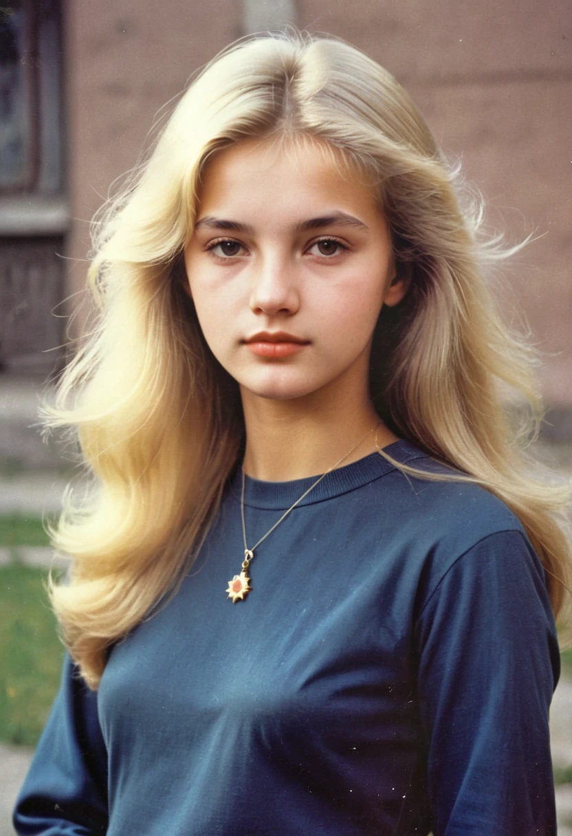 color photo of a beautiful girl 20 years old, university student in the USSR, 1980s, blonde. Photo from school yearbook Expected