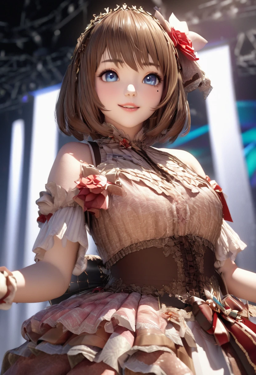 One Girl、Looking at the audience、
Beautiful Blue Eyes、Brown short hair、Mole under the eye、Plump and glossy lips、Heart-shaped choca、Idol、smile、ー、。.。.。.。.。.。.。.。.。.。.。.。.。.。.。.。.。.。.3D、Realistic、
Princess dress with too many frills、Drape clothes、gem、The decoration has been removed、Floral、Lace trim、bright stage、
masterpiece、highest quality、8k、Detailed skin texture、Detailed cloth texture、Beautifully detailed face、Intricate details、Very detailed、
超A high resolution、8K Ultra HD、Film Grain、Best Shadow、delicate、Staring at the audience、front