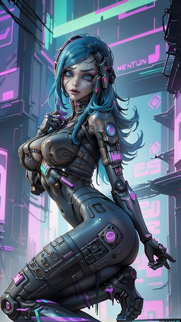score_9, score_8_up, score_7_up, rating_explicit, (Best quality:1.4), (Masterpiece:1.4), (Unreal engine:1.4), (HD), (high resolution), (Ultra-detailed), (photorealistic:1.4), (Artwork master:1.8), cyberpunk, (cyberpunk:2.1), (1girl), Ariana Grande cyberpunk, 16-year-old, (Perfect anatomy), (perfect proportions), (skin texture:1.4), (cyborg limbs), (Beautiful blue eyes), (long blue hair:1.4), (convex detailed fingers), Breast enlargement, big glutes, (white cyborg latex bodysuit), (Electronic visor attached to the face), sexy pose, kneel, emphasis on the buttocks, Neon lights in the dark city at night