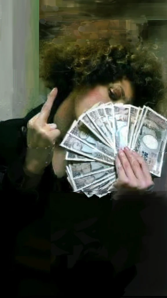 (best quality,4k,8k,highres,masterpiece:1.2),ultra-detailed,realistic,photorealistic:1.37, portrait, money fan covering her face, middle finger, curly afro
