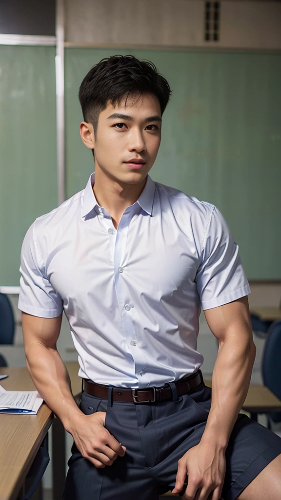 Masterpiece, best quality, High quality, วอลล์เปเปอร์ CG unity 8k ที่มีvery detailed, depth of field, HDR,,photorealistic,very detailed, 1 man sitting on a chair, Asia, black short hair, , (Thai , white shirt),  Blue cargo shorts, chest muscles, Big arm muscles, blood vessel, big muscles, Broad shoulders, looking at the audience, Balancing the eyes, (Make eye contact) (In a modern classroom:1.3)