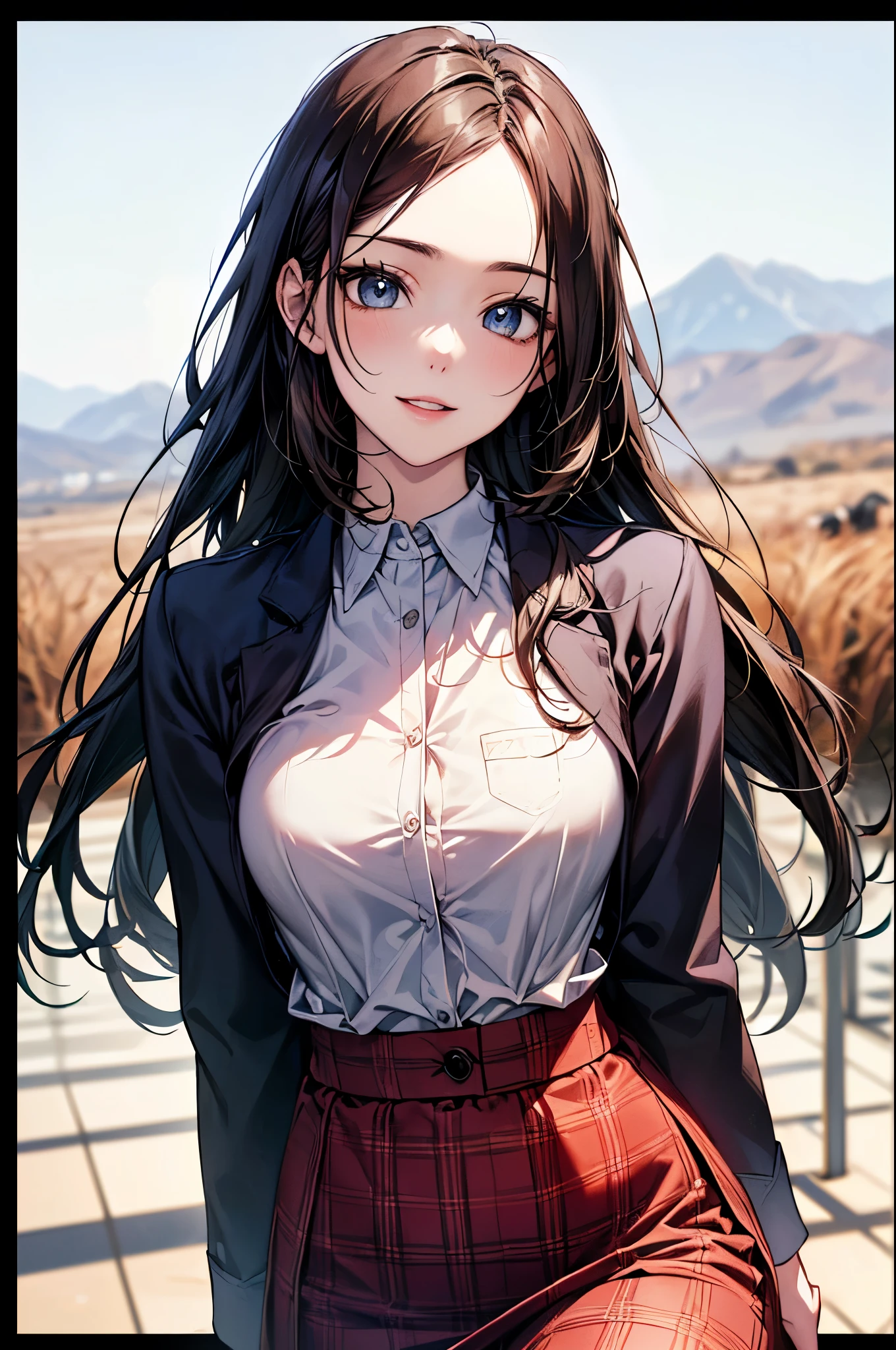 ((Biologically correct limb count))、((whole body including face))、4K、Masterpiece、((Focus on the face))、((Symmetrical, well-proportioned facial features))、Eyes with delicate depictions、(((1 person)))、Beautiful woman、Outstanding style、Slender Body、((skirt、Plaid uniform、shirt、(High heels)))、(smile）、(Close-up photo of the upper body）、High angle、Stop and look up、Photo with white border、、The background is a beautiful landscape