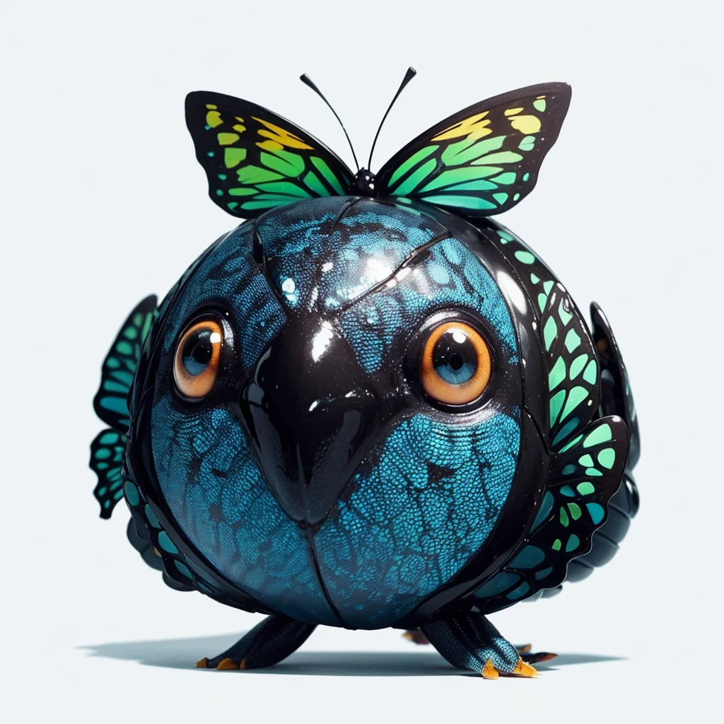Animaly, has scales, his body is shaped like a butterfly but his face is like a ant and pufferfish, black full colour skins, Grassroots background