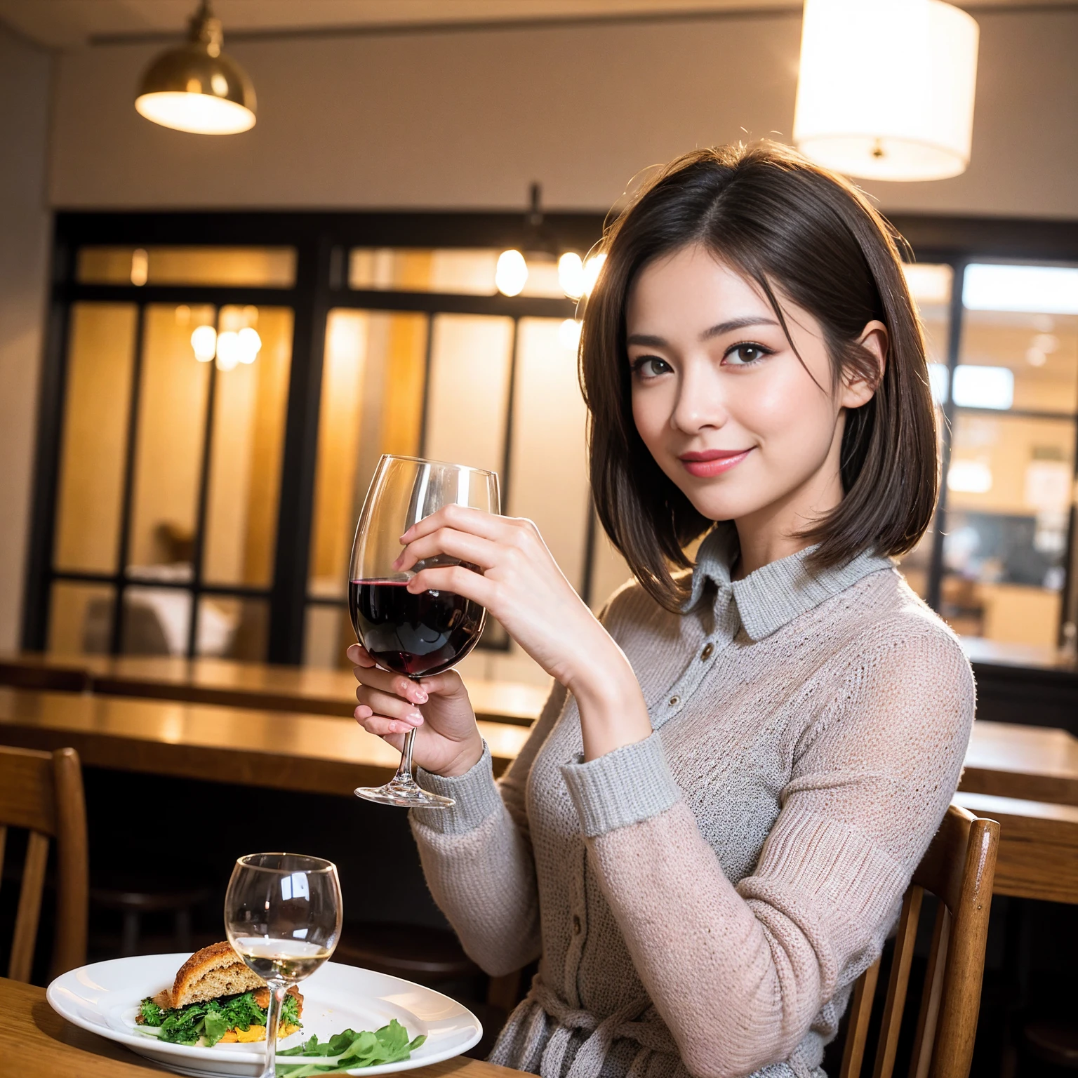 ((highest quality、8k、masterpiece:1.3))、1 male、1 female、Couple、spouse、Couple、The body is slim、((Bob Hale、Straight hair:1.2)), (Realistic, Intricate details:1.2), テーブルの上のwine glass、Shine light on your face、 Amazing view of the sunset sky and clouds、Amazing mountain views、A bright smile、The wonderfulness of smile、Bright image、The beauty of wine, Beautiful Face, blue eyes, The light shines on your face, Blushing, short hair,Bright Face、 (Age 37), 39 years old, red wine 、Appetizers、Italian food、Wine bottle、Champagne、sparkling wine、Two beauties、Brown Hair、Shortcuts、Long sleeve shirt、dress、Pretty Woman 1, (slimな顔), (The body is slim), (Brown Hair), (Shortcuts), cheeks turn a little red,Attractive beauty、restaurant, In a prominent place (From the waist up) Nova Frog Style, actress, model, Upper Body, White wine, slim, wine glass, 中央に置かれたwine glass, smile, (smile: 1.15), Beautiful fine grain, Depth f/2,saturation, High Contrast, Strong light and shadow,Moist Body:1.5、3D texture、Delicate eyes、Brown Hair、The hair is very shiny、