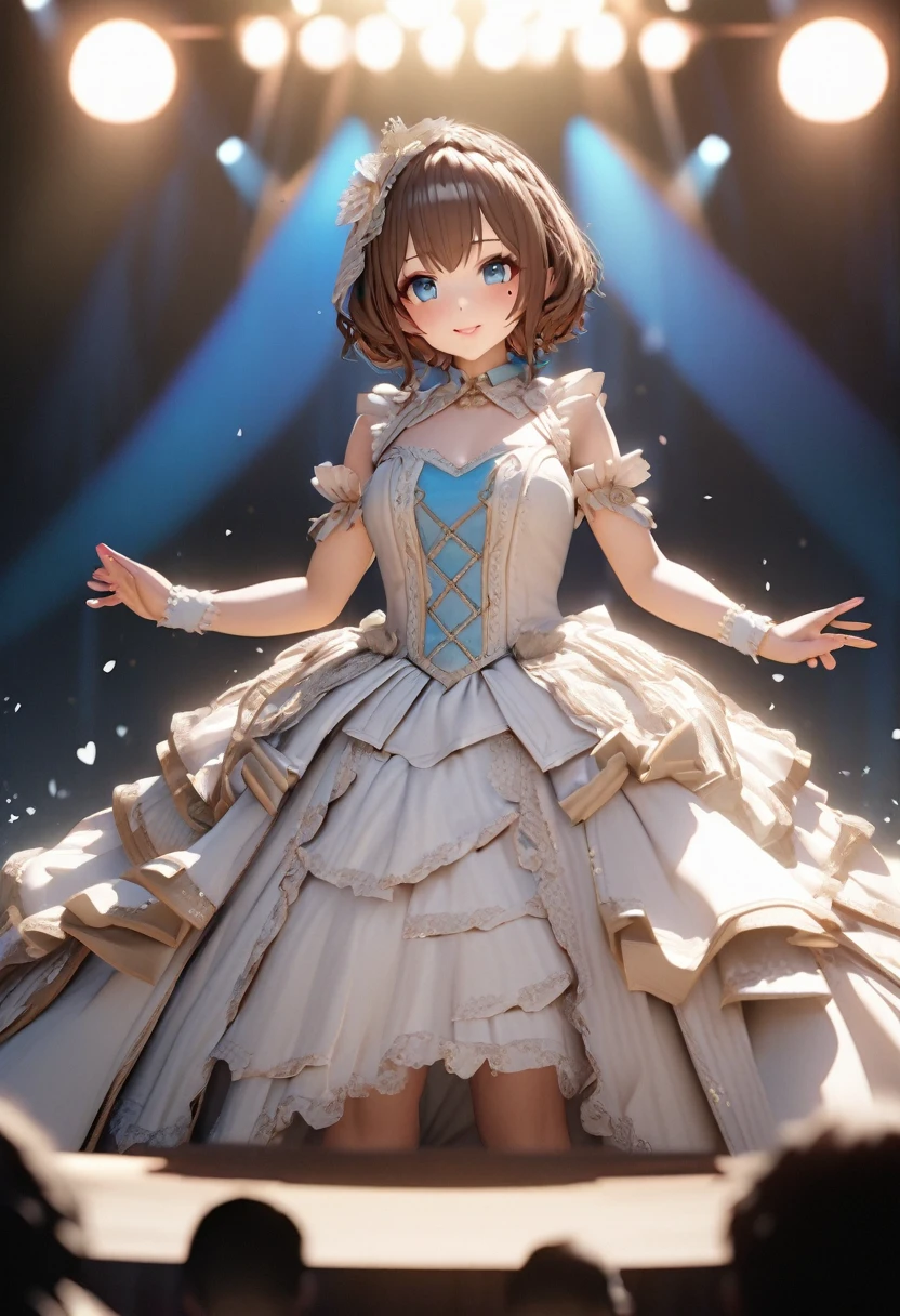 One Girl、Looking at the audience、
Beautiful Blue Eyes、Brown short hair、Mole under the eye、Plump and glossy lips、Heart-shaped choca、Idol、smile、ー、。.。.。.。.。.。.。.。.。.。.。.。.。.。.。.。.。.。.3D、Realistic、
Princess dress with too many frills、Drape clothes、gem、The decoration has been removed、Floral、Lace trim、bright stage、
masterpiece、highest quality、8k、Detailed skin texture、Detailed cloth texture、Beautifully detailed face、Intricate details、Very detailed、
超A high resolution、8K Ultra HD、Film Grain、Best Shadow、delicate、Staring at the audience、front