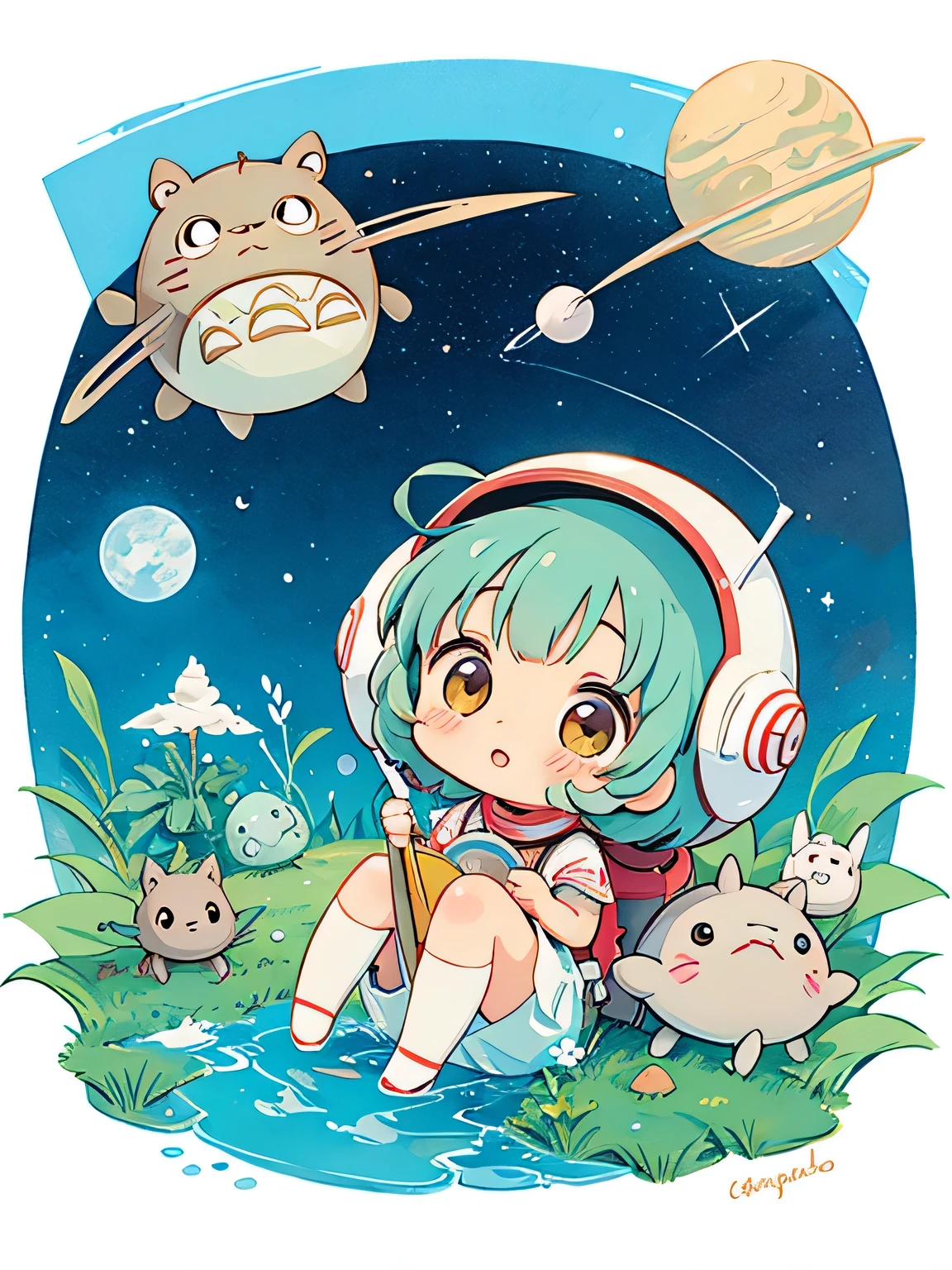 Hayao Mayazaki style, Kawaii Design, The most beautiful girl of all time、Chibi, totoro, Space Travel, Angel